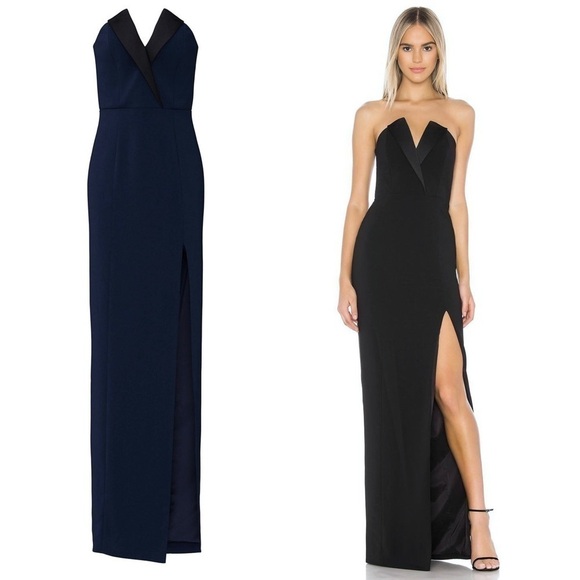 JAY GODFREY Navy Blue Strapless Tuxedo Sleeveless Column Side Slit Maxi Gown 10 - Picture 7 of 7